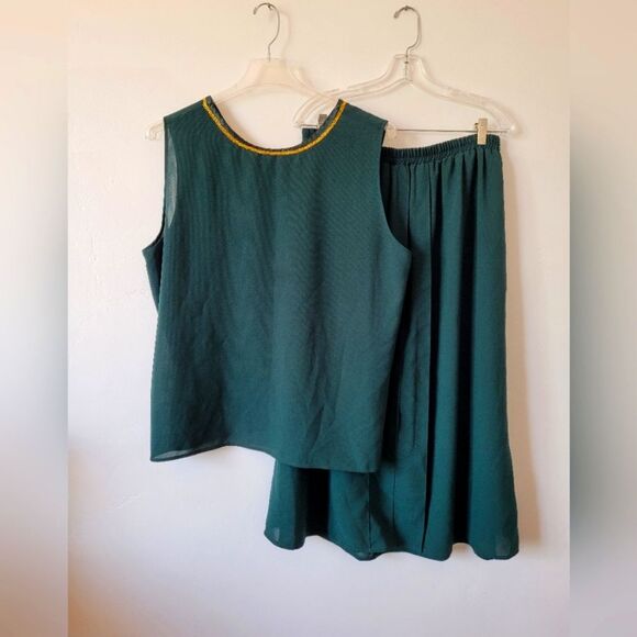 Vintage F.A.D. Emerald Green 2 Piece Skirt Set Retro Grandma Pleat Plus Size 2X - Picture 1 of 9